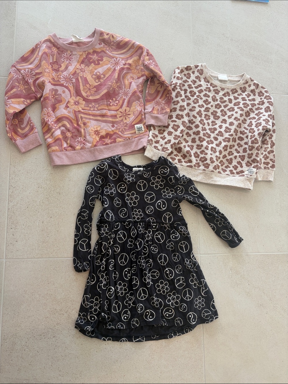 Black Peace & Flower Knit Dress for Kids - Casual Long Sleeve